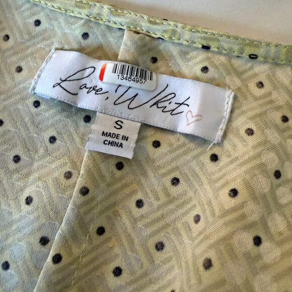 LOVE, WHIT | Citron Dot Yellow Jacquard Tie Front Ruffle Hem Midi Dress | Small - Picture 6 of 6